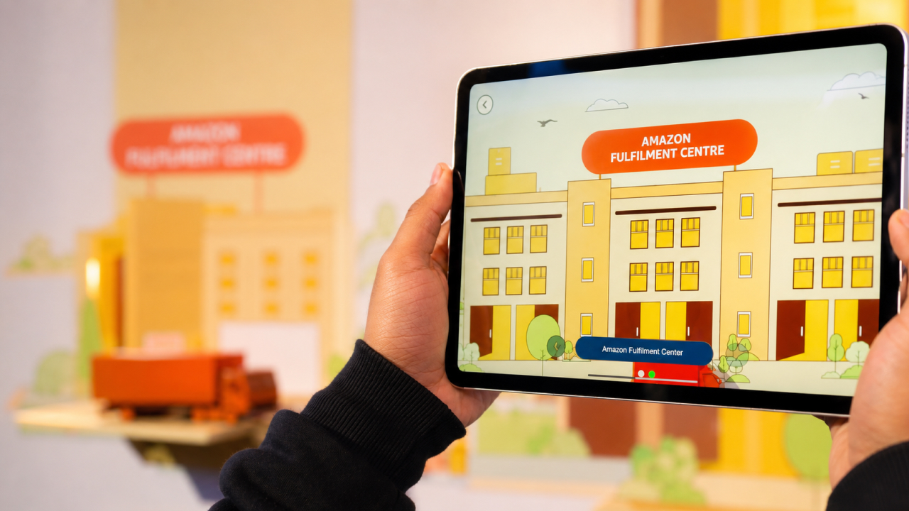 AR tablet experience displaying an Amazon fulfilment centre